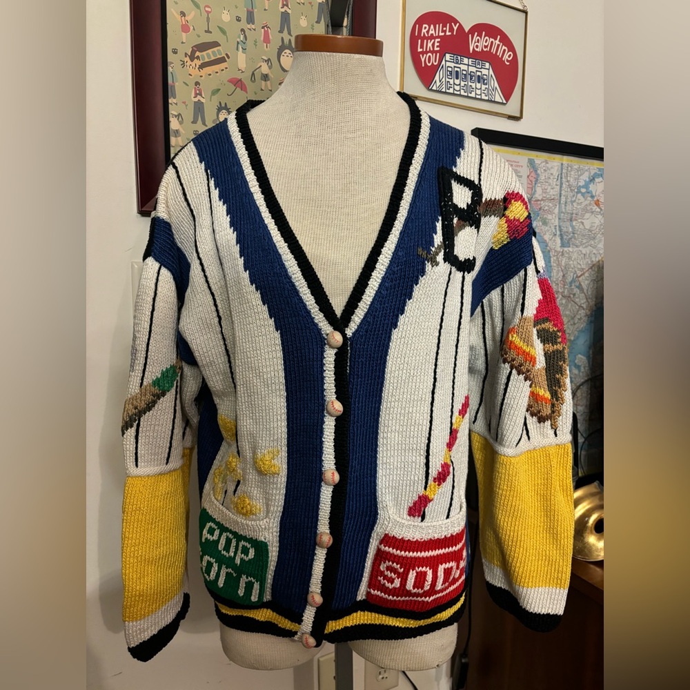 VINTAGE: Baseball Popcorn Pinstripe Hand Knit 100% PIMA Cotton Cardigan *SZ. S